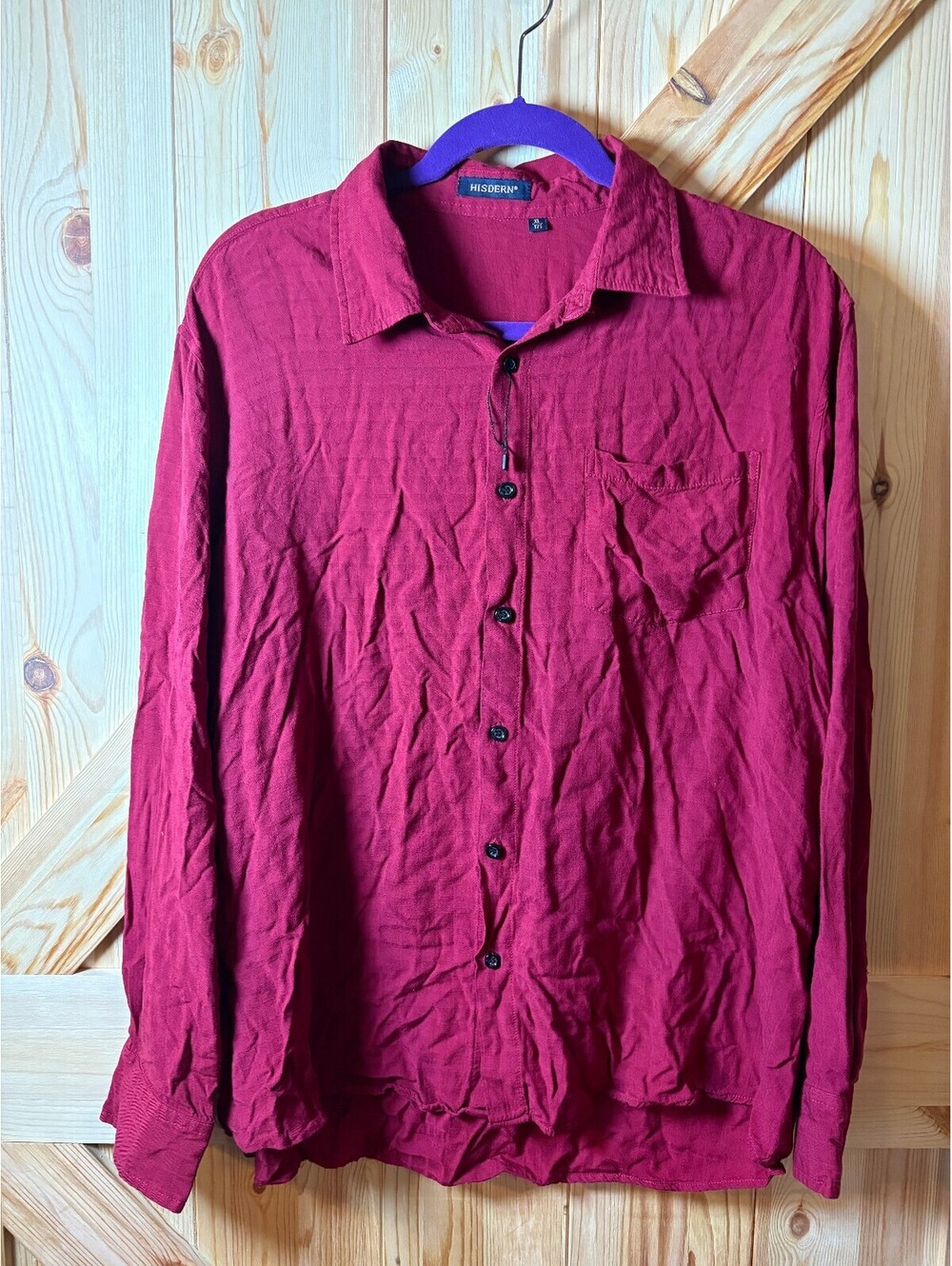 HISDERN Men's Reddish Maroon Long Sleeve Button-Up Shirt XL